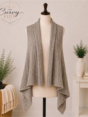 Women’s Open Front Knit Waterfall Vest Gray Boho Lagenlook Draped Cardigan Chic